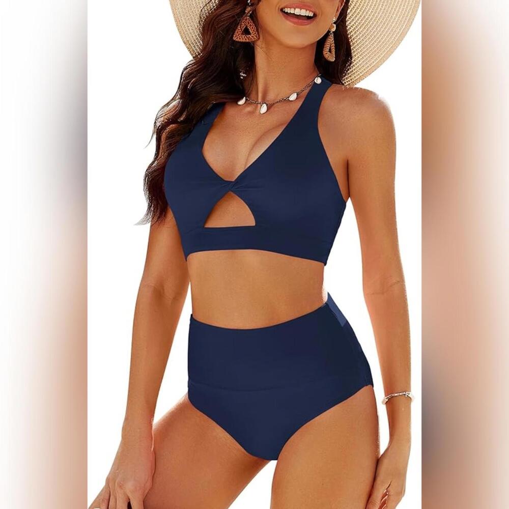 NWOT GRAPENT Two Piece High Waisted Cut Out Twist Swimsuit, Large (12-14)